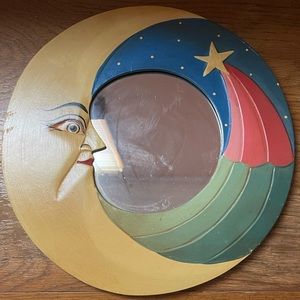 Bali Moon & Shooting Star  Mirror 8" Hand Carved & Painted